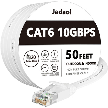 Jadaol Cat 6 Ethernet Cable 50 ft, Outdoor & Indoor 10Gbps Support Cat8 Cat7 Network, Flat RJ45 Internet LAN Computer Patch Cable for Router, Modem, Switch, Gaming Consoles, Streaming Devices, White
