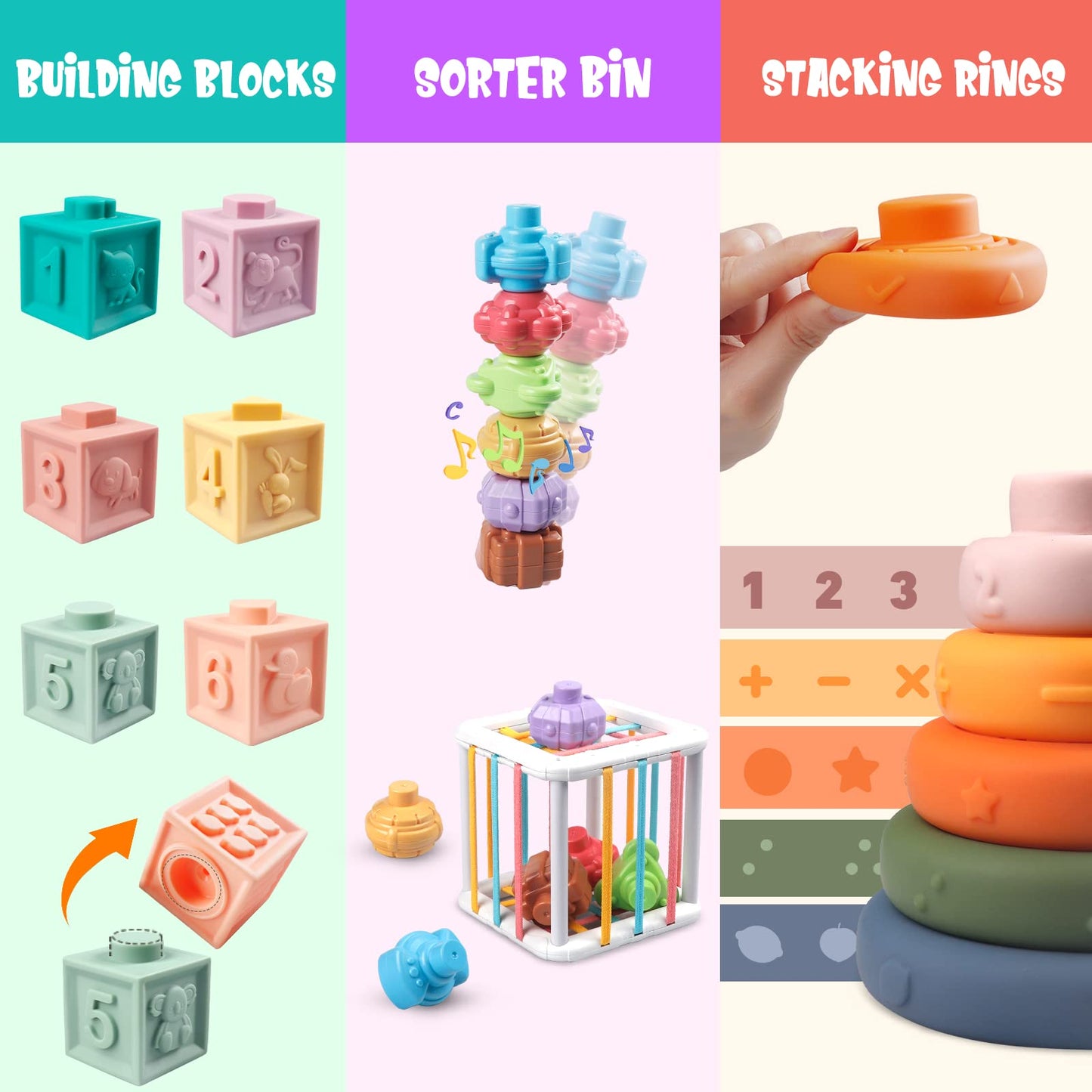 6 in 1 Baby Toys 6 to 12 Months, Montessori Toy for Toddlers 1-3, Infant Teething Babies Toy Stacking Blocks Rings Pull String Toy Sorter Sensory Bin