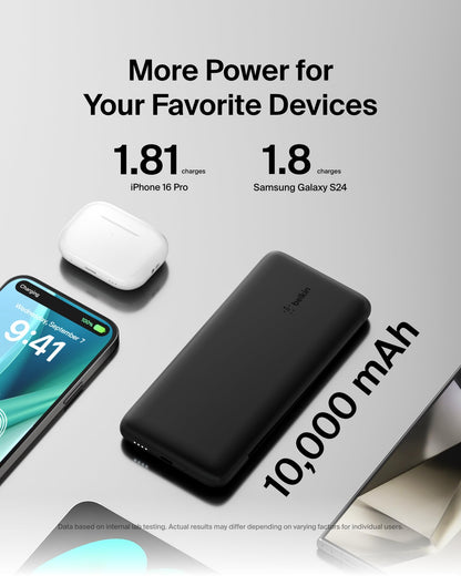 Belkin Portable Charger, Power Bank 10000 mAh, 23W w/Integrated Lightning Cable & USB-C Cable - iPhone Charger Battery Pack for Apple iPhone 16, 15, 14, Galaxy S25, Pixel 9, Travel Essentials - Black