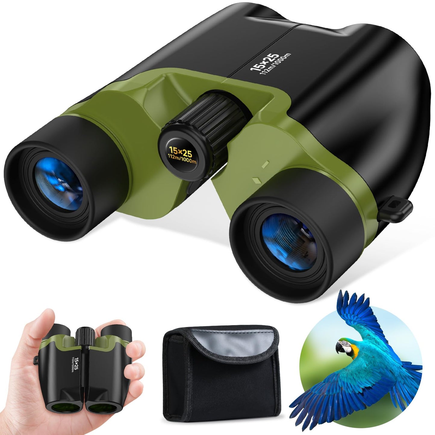 High Powered 15x25 Compact Binoculars for Adults&Kids with BAK4 Prism,FMC Lens,Waterproof Binocular with Low Light Vision,Small Binoculars for Cruise Ship/Theater/Travel/Sightseeing (Green)