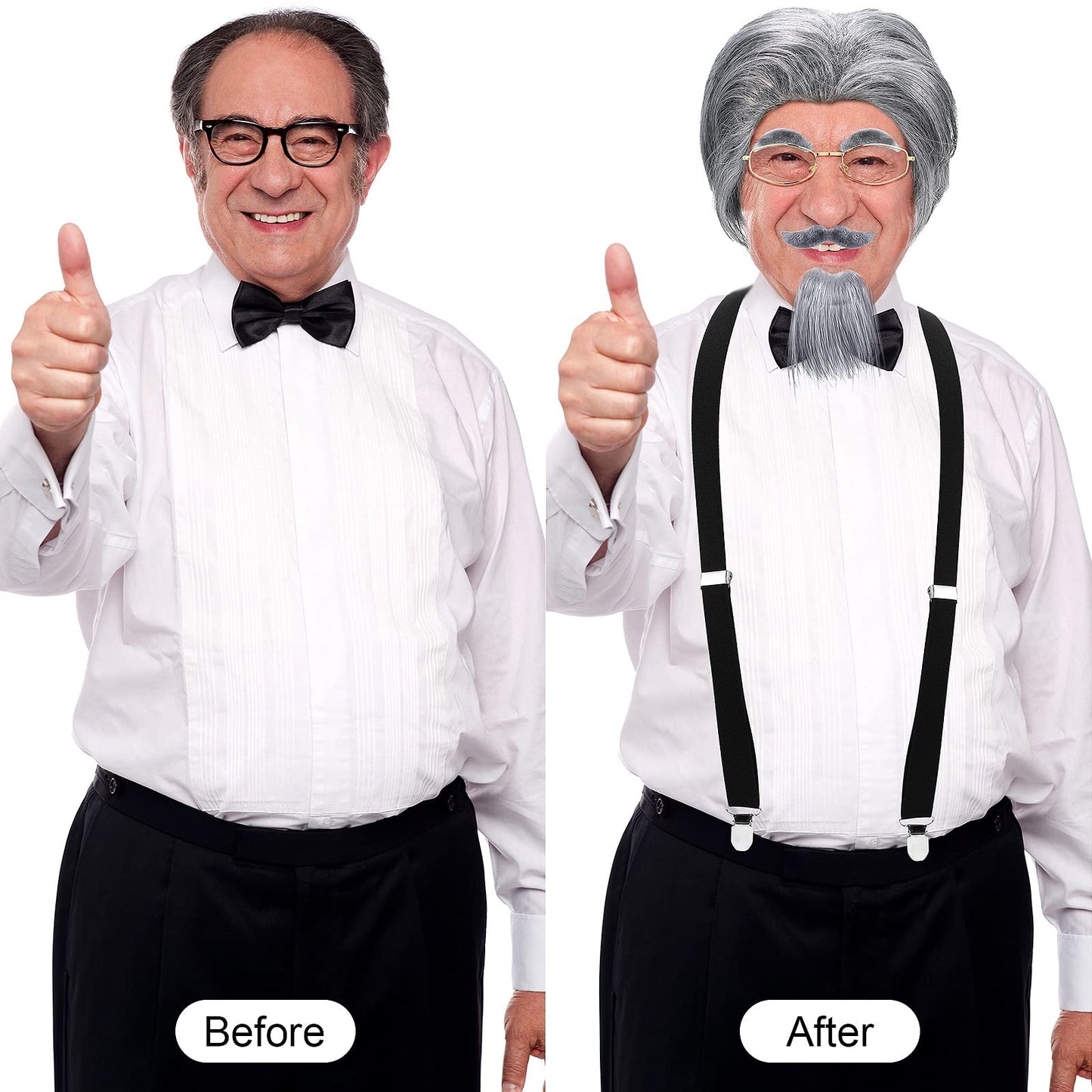 WILLBOND 8 Pcs Old Man Costume Old Man Wig Cane Glasses Faux Eyebrows Mustache Suspenders Bow Tie for Grandpa Halloween Cosplay(Dark Gray)