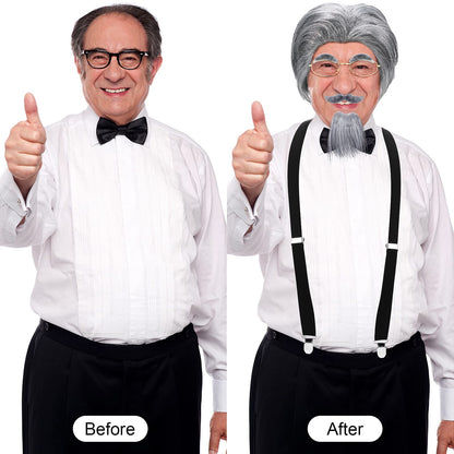 WILLBOND 8 Pcs Old Man Costume Old Man Wig Cane Glasses Faux Eyebrows Mustache Suspenders Bow Tie for Grandpa Halloween Cosplay(Dark Gray)