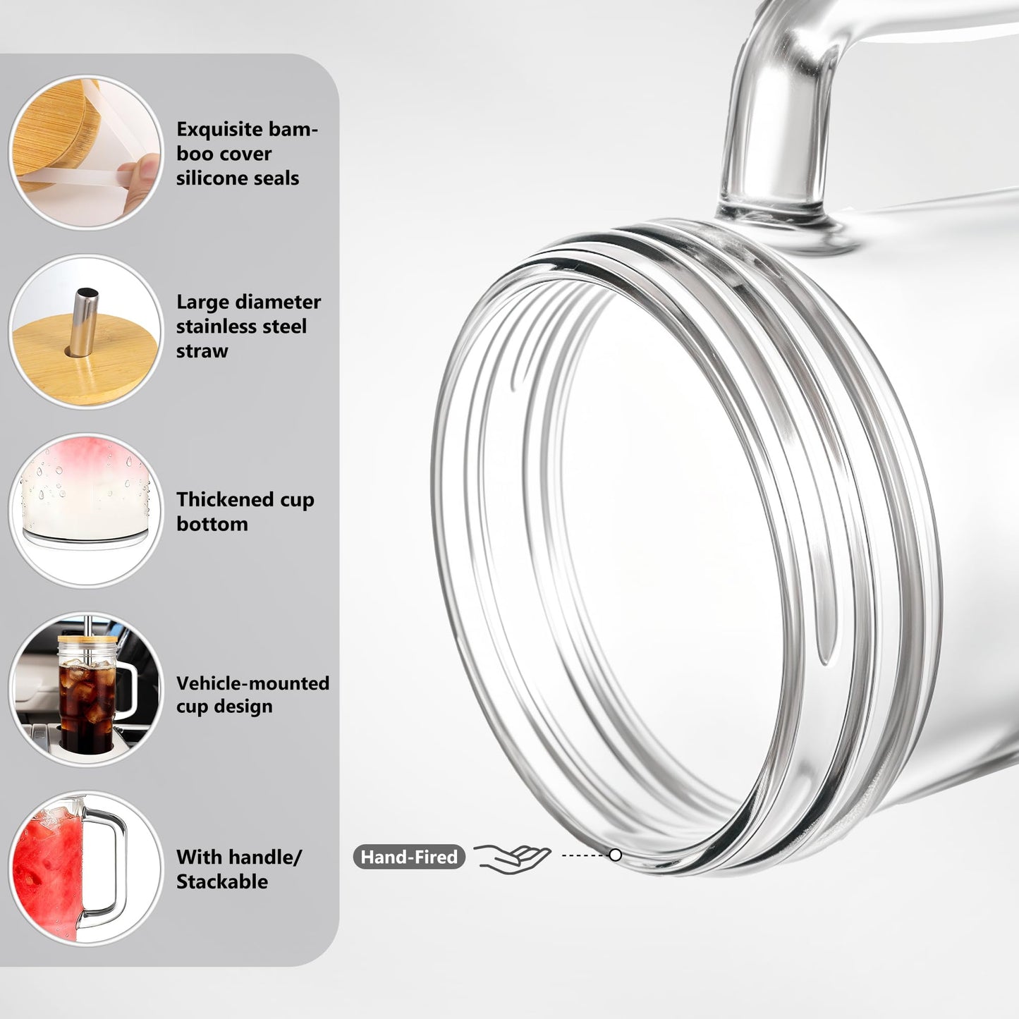 Birity 24oz Glass Cups with Lids and Straws,Glass Tumbler with Handle,2 set–Reusable Glass Ice Coffee Cups with Lid and Straw for Smoothies,Tea,Juice,Boba Cup for Cold & Hot Drinks,Travel Cup