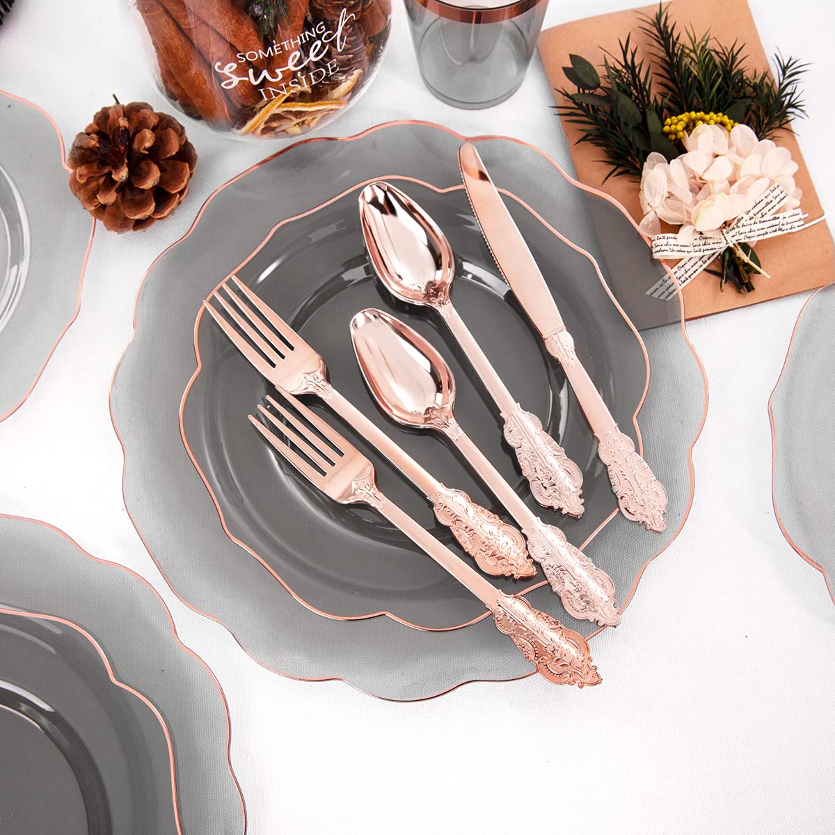 bUCLA 30Guests Clear Black Plastic Plates With Rose Gold Silverware & Cups - Rose Gold Rim Plastic Dinnerware Ideal for Party & New Year