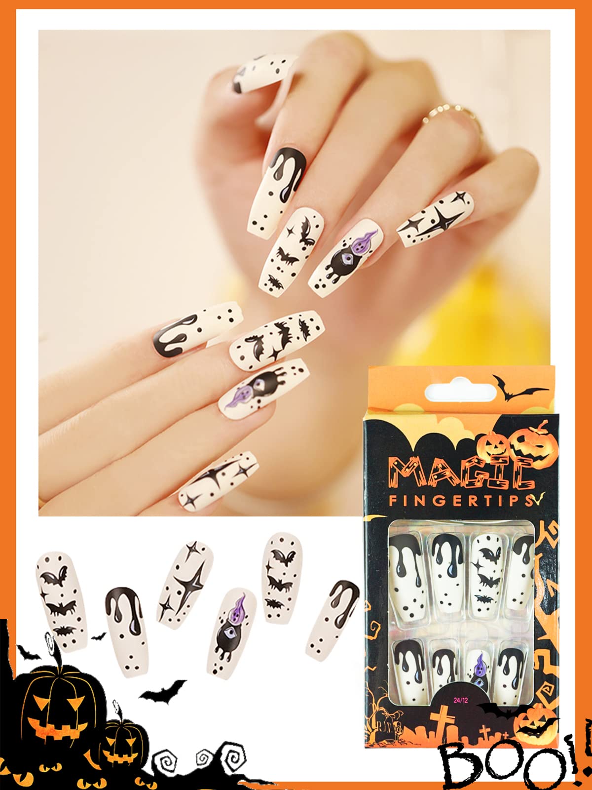 96 Pcs Halloween Press on Nails, Wsimily Halloween Long Coffin Acrylic Artificial False Nails Fake Nail with 96 Pcs Nail Adhesive Tabs, Pumpkin Spider Bat Design for Women Girl Nail Art Decoration
