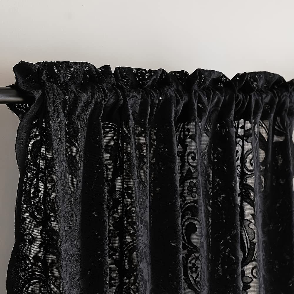 Black Lace Kitchen Curtains Tier and Valance Set 3 Pieces Elegant Gothic Cafe Curtains with Valance 36 Inch Length Rod Pocket Witchy/Skull /Halloween Decor for Laundry Room Bathroom RV, 52" x 36"