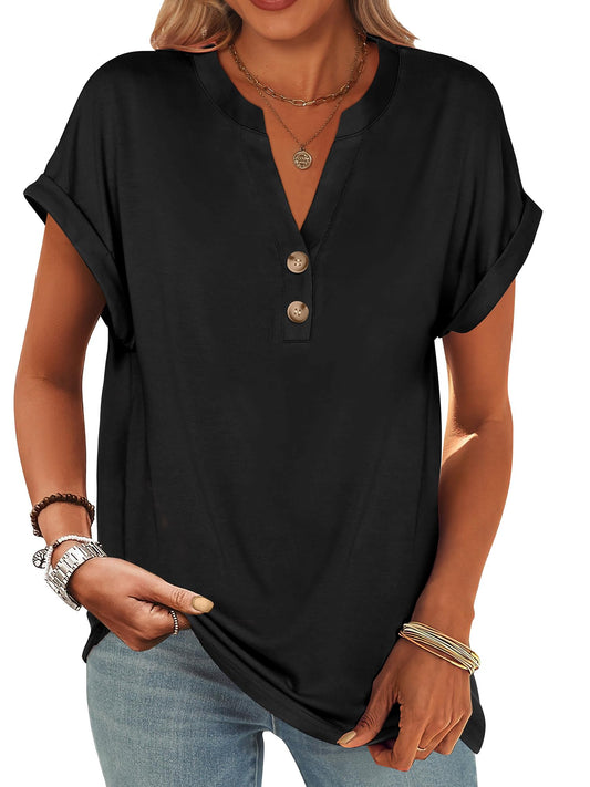 ANRABESS Womens Short Sleeve Henley Tops V Neck Dressy Casual Blouses Summer Trendy Tee Shirts 2025 Vacation Fashion Clothes Black XL