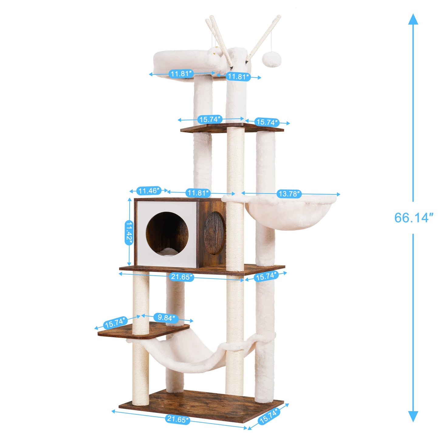 Hey-brother Wooden Cat Tree, 66.1“ Cat Furniture with Scratching Posts, Modern Cat Tower with hammocks, Toys, cat condo, Rustic Brown MPJ120SR