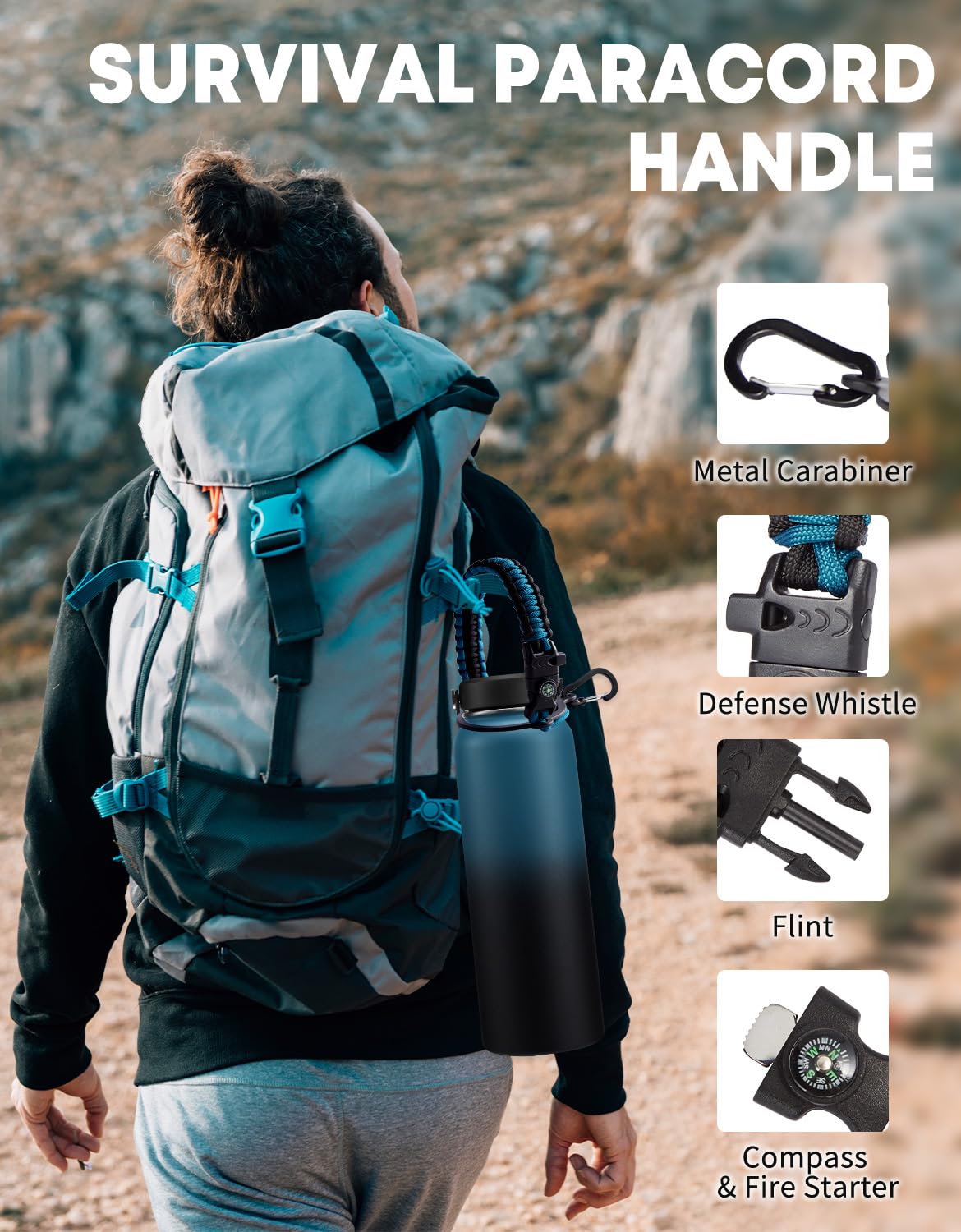 40/64/128 oz Insulated Water Bottle with Straw - Flex Cap Lids, Paracord Handle, Bottle Carrier Bag w/Strap, Vacuum Stainless Steel 40oz Water Bottles, Double Wall Flask Metal Water Flask Jug