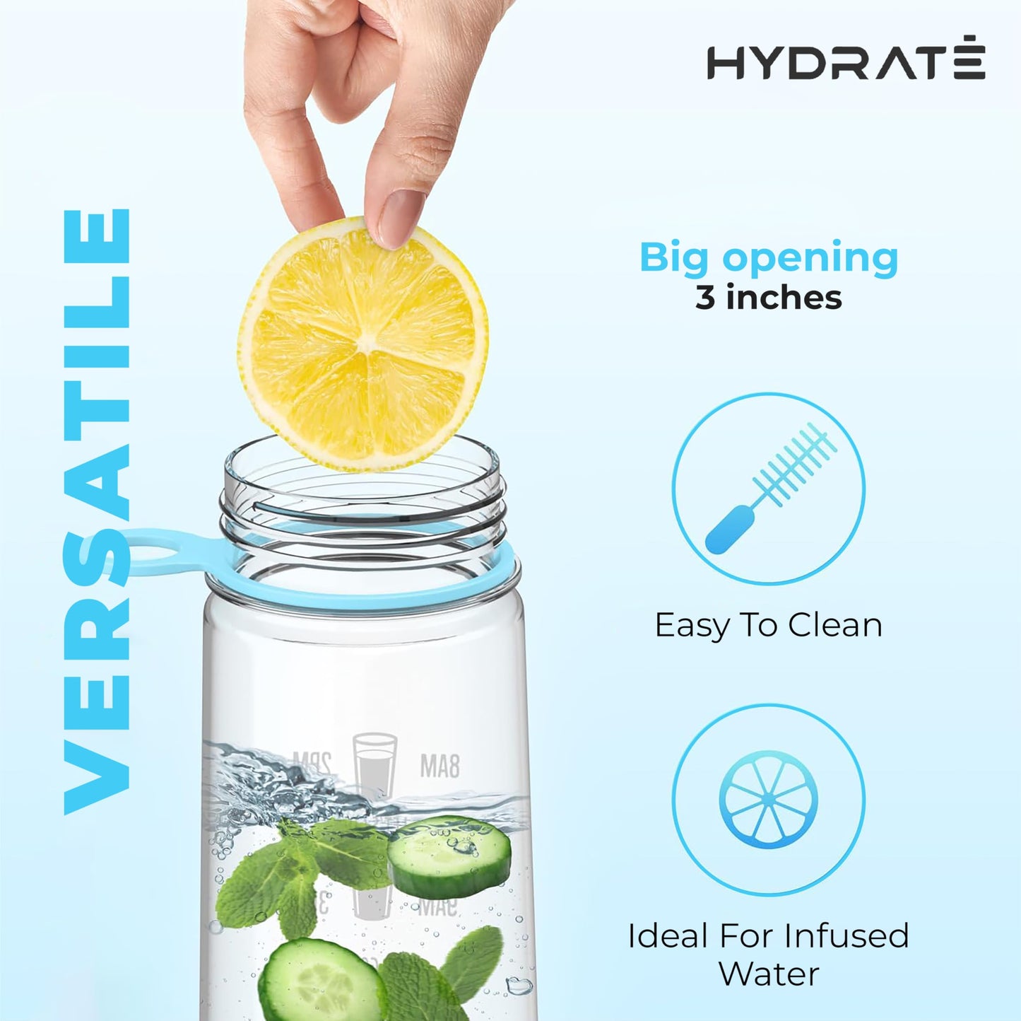 HYDRATE Water Bottles Motivational premium 30oz water bottles with straw - Daily water intake with Time Markings, BPA-Free. Leak proof Ideal for hydration at office, gym (Sky Blue)