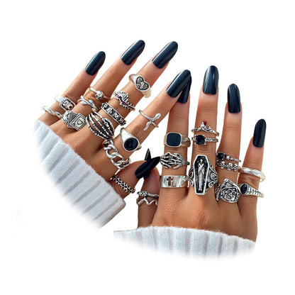 IFKM 25PCS Vintage Silver Knuckle Rings Set for Women, Stackable Joint Finger Statement Rings Bohemian Retro Hollow Carved Midi, Boho Halloween Skeleton Skull Snake Heart Chunky Stacking Pack (Halloween Skull)