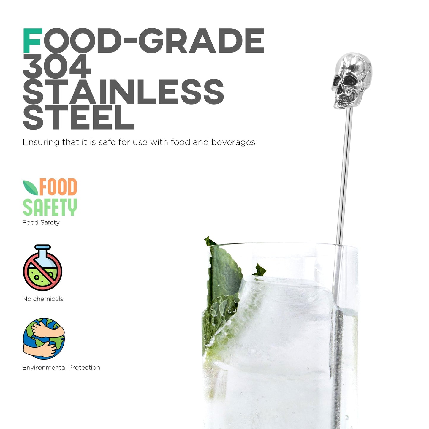 Homestia Coffee Stick Stainless Steel Swizzle Stick Reusable Metal Stir Sticks Cocktail Coffee Drink Stirrer Spoon Beverage Cocktail Stirrers Stir with Skull (7.5'' Long, Set of 6)