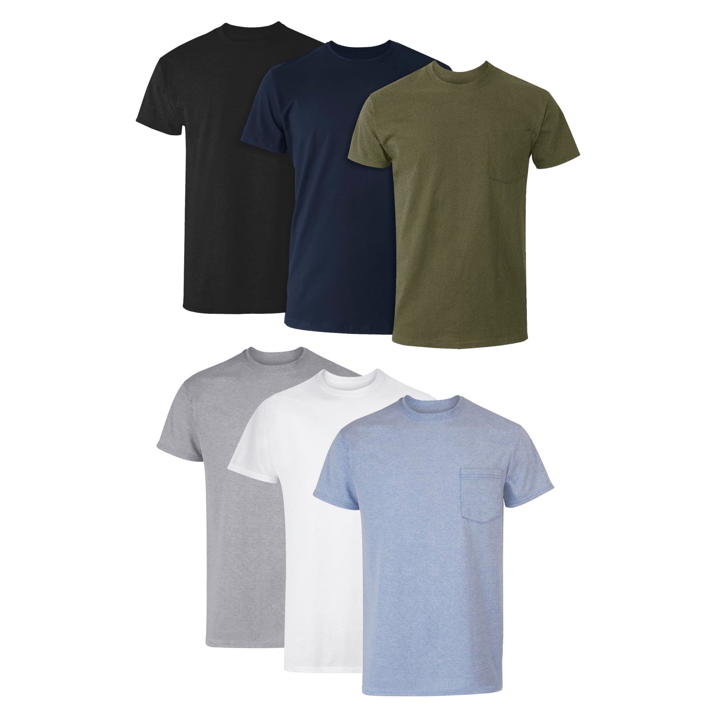Hanes Men's T-Shirt, Moisture-Wicking Cotton Crewneck Pocket Tees, 6-Pack, Grey Heather, Black, Hiker Green, White, Navy, Blue