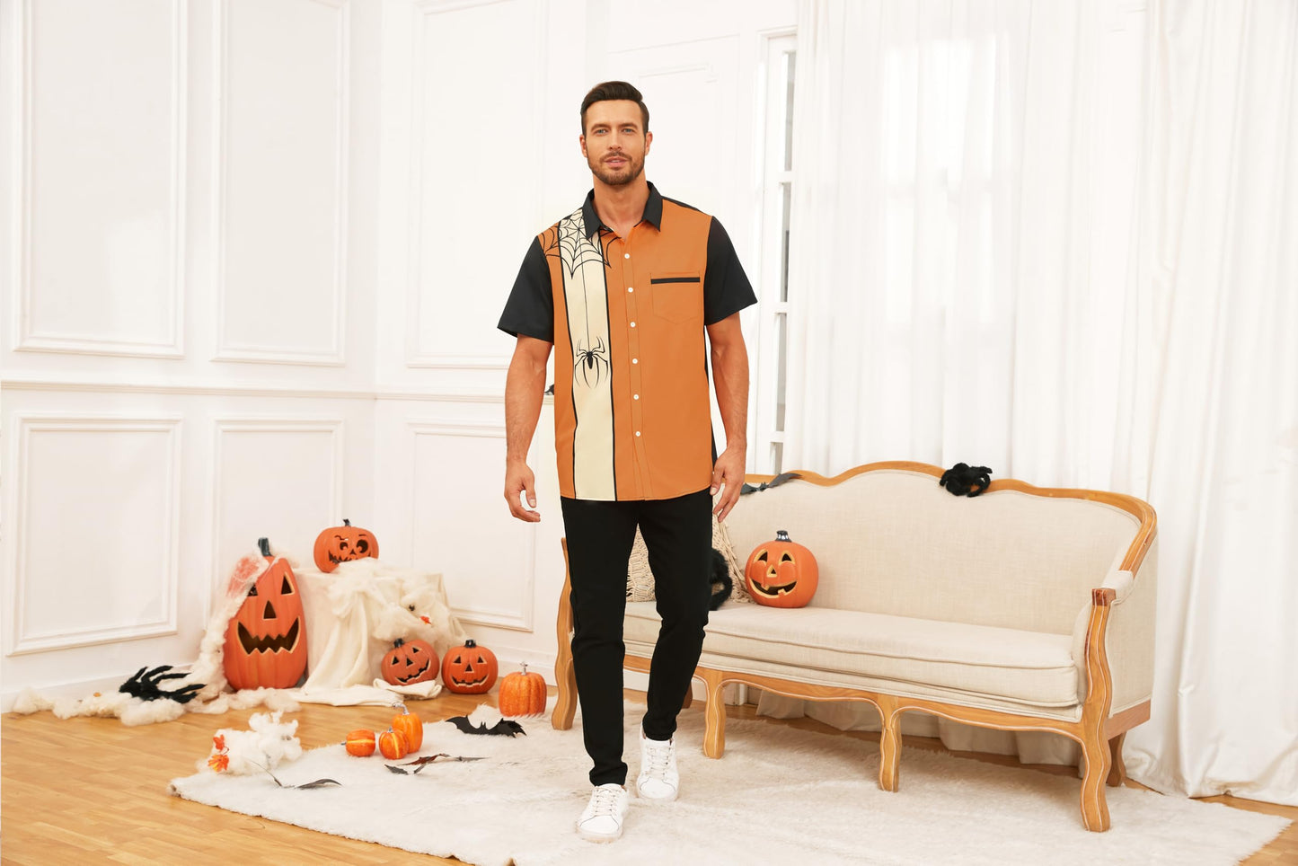 WHO IN SHOP Men's Halloween Shirts Cute Scary Horror Short Sleeve Button Up Shirt