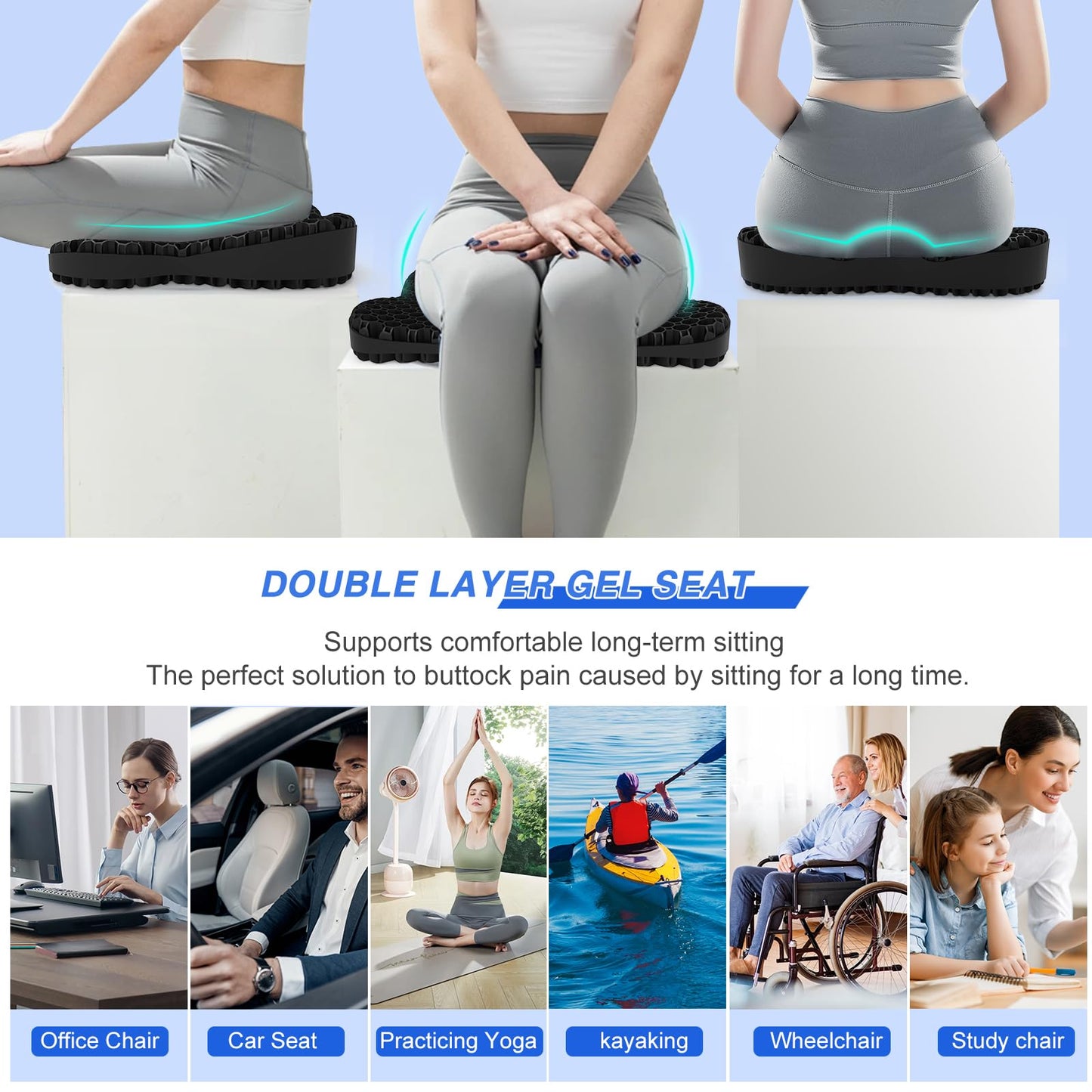 Airllantry Thicken 19.7in Seat Cushion, Gel Seat Cushion for Long Sitting–Office Chair, Wheelchair, Car Cushion, Large Cooling Pad for Back Pain, Sciatica, Tailbone Pain Relief