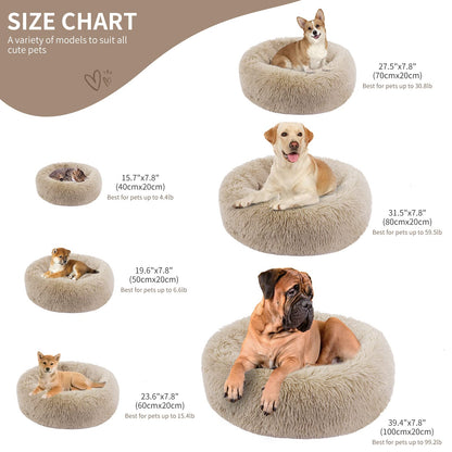 BVAGSS Anxiety Dog Bed, Round Plush Donut Dog Bed Cat Bed Marshmallow Fluffy Cuddler Washable Calming Puppy Bed for Small/Medium Dogs XH034 (Diameter:50cm, Light Brown)