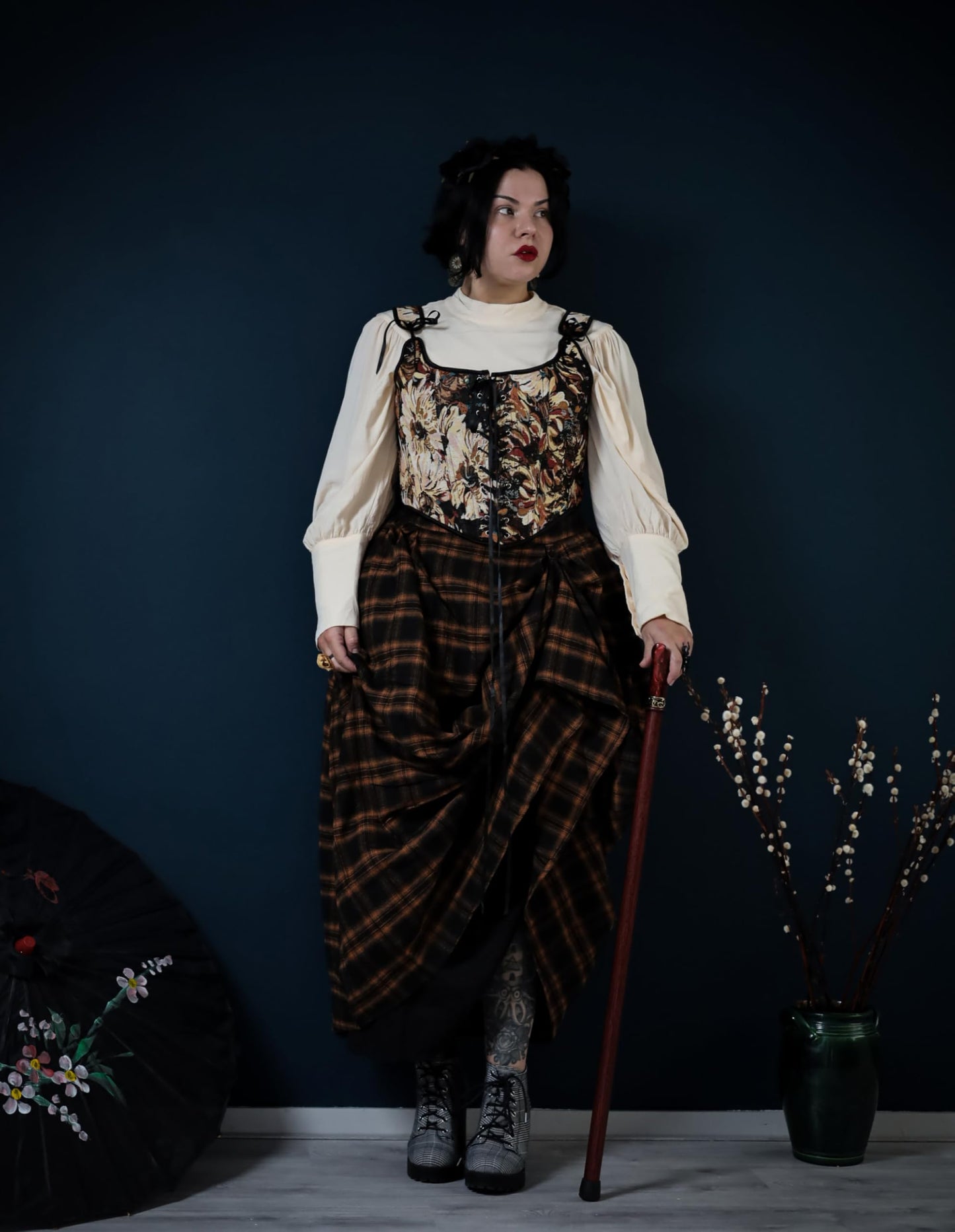 Women Plaid Skirts High Waist Ruffle Skirt Long Skirts with Pockets Orange Plaid S