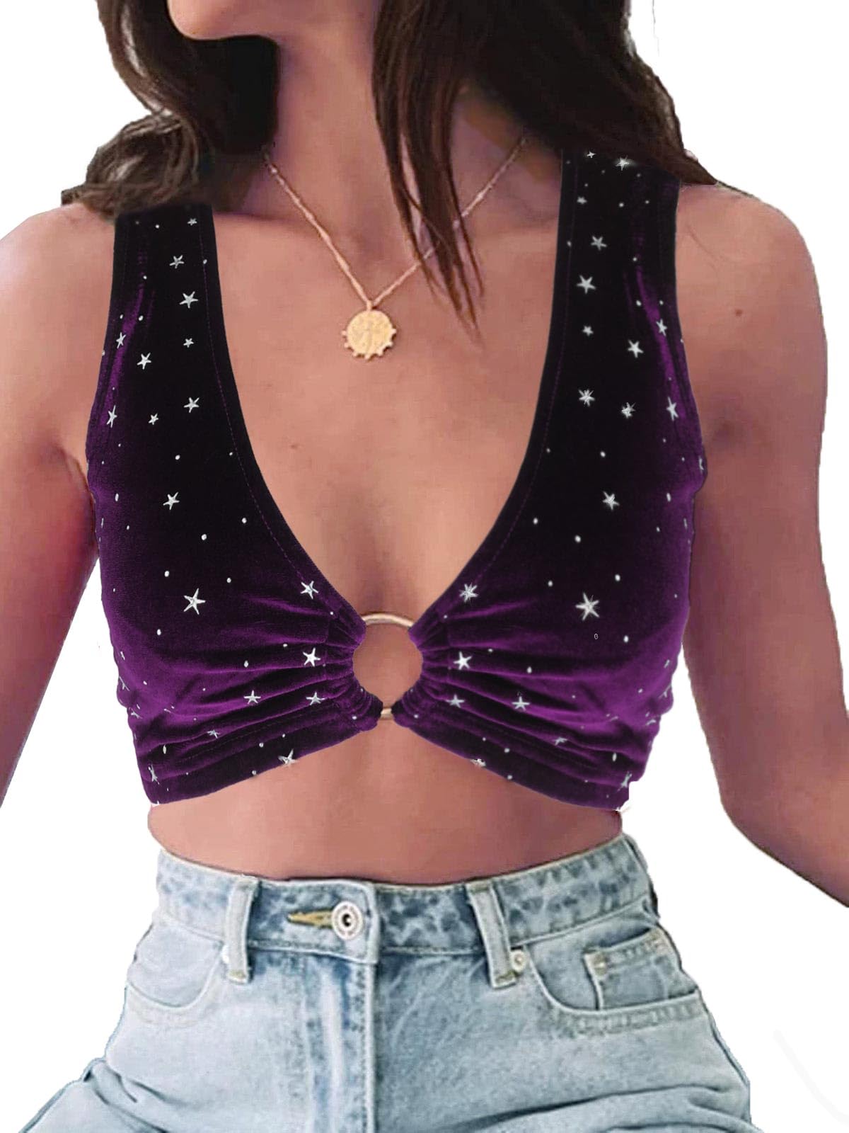 Women's Star Bejeweled Top Sequin Sparkly Tops for Women Concert Outfits Goth Rave Festival Clothes Cute Party Velvet Sleeveless Tank Cami Sexy Purple Crop Top XS