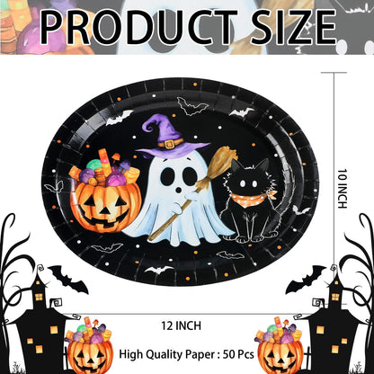 50Pcs Halloween Oval Paper Plates 10" x 12" Large Disposable Heavy Duty Cute Pumpkin Ghost Black Cat Paper Platters Jack-O-Lantern Dessert Plates for Halloween Birthday Holiday Party Supplies