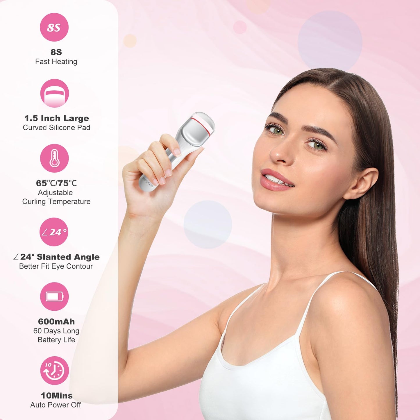 HEBECA Heated Eyelash Curler Professional - Eye Lashes Curler with Innovative Heating Silicone, Electric Eyelashes Curler with 600mAh Rechargeable Battery EC4001 (White)