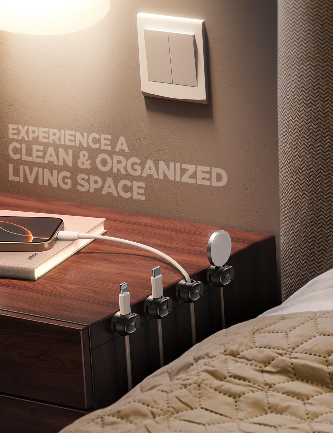 8Pack Cord Organizer [Dual Spring & Clasp, Max Secure] Cable Clips - Chfeila Cable Management, Adhesive Phone Charging Wire Holder for Nightstand/Wall, Home Office Desk Accessories Decor Essentials