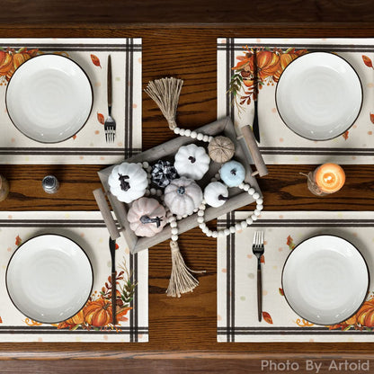 Artoid Mode Pumpkins Mushrooms Leaves Placemat for Dining Table, 12 x 18 Inch Fall Autumn Harvest Holiday Rustic Vintage Washable Table Mat Set of 4
