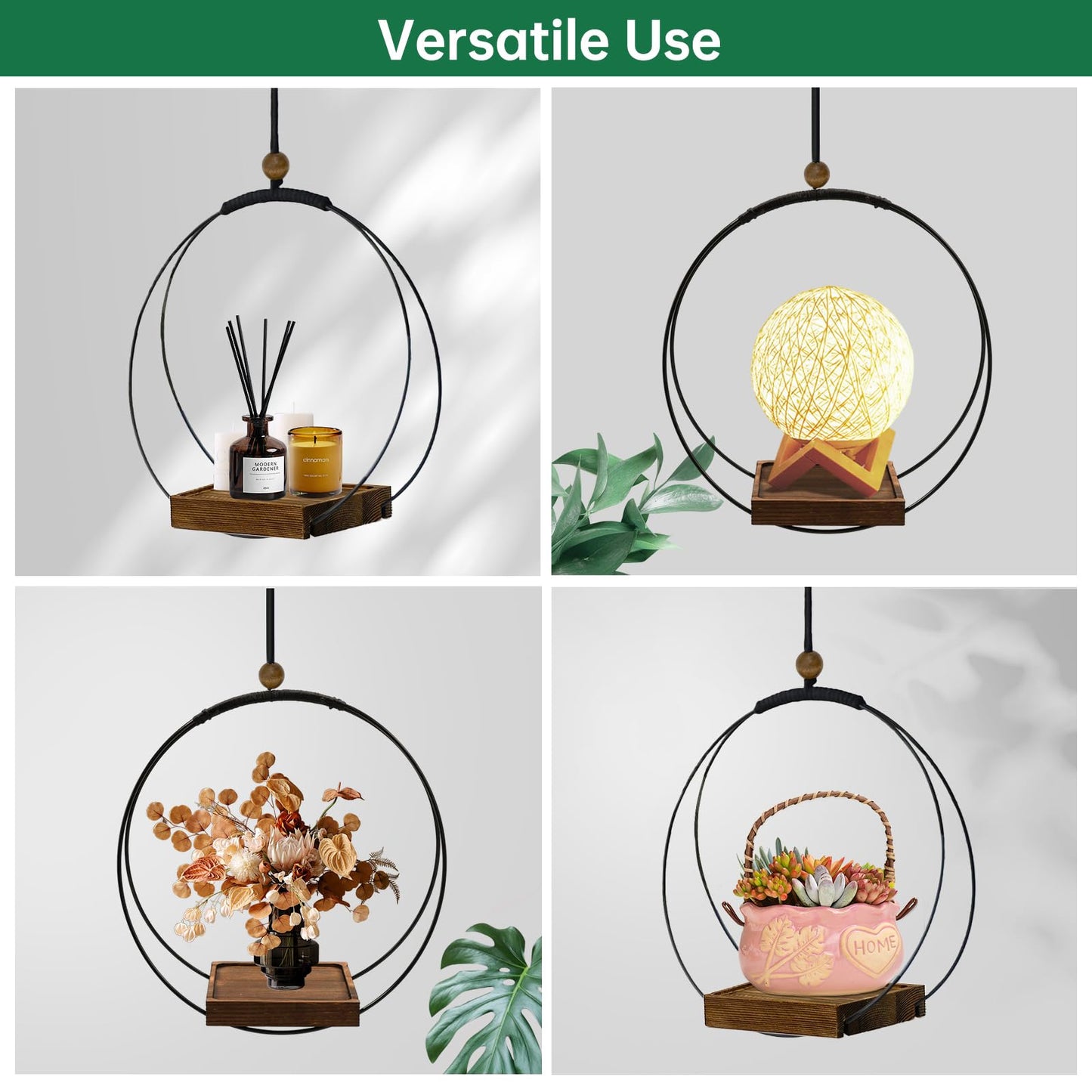 hismocal Hanging Planter for Indoor Plants, Black Plant Hanger Indoor with Sturdy Wood Base, Modern Boho Macrame Plant Hanger, Hanging Wall Ceiling Window Home Decor (Plants/Pots Not Included)