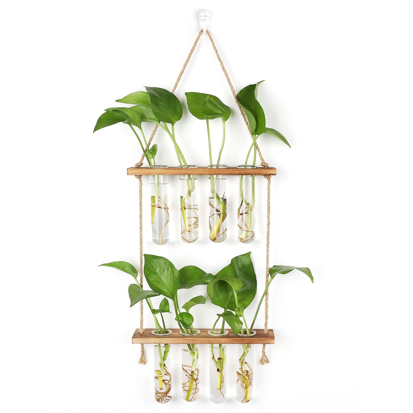 HYINDOOR Wall Hanging Planter Terrarium 2 Tired Test Tube Vase Glass Planter Plant Propagation Station Plant Hangers of Rope with Wooden Stand and 8 Tubes for Hydroponic Plant Cutting