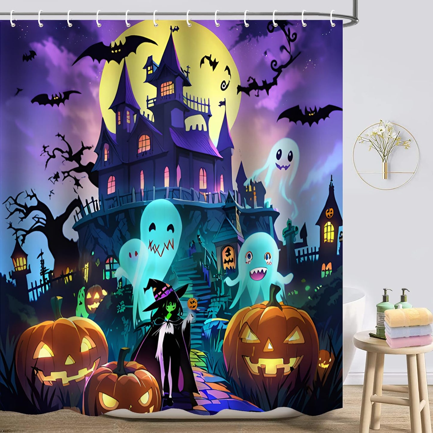 Atwqevon Halloween Shower Curtain, Scary Shower Curtain Set, Spooky Castle Decor, Horror Haunted House Bathroom Home Indoor Decorations, Waterproof Bathroom Curtain with Hooks 72"X72"
