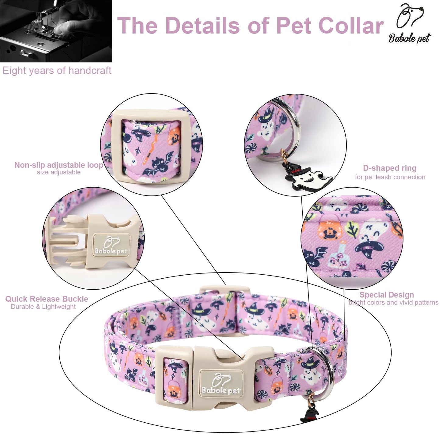 Babole Pet Halloween Dog Collar Cute Wizard Ghost Puppy Collar - Light Comfortable Adjustable Pet Collars for Small Medium Large Girl Boy Dogs S