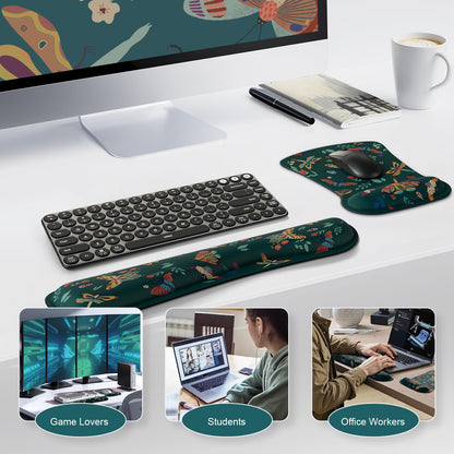 iCasso Ergonomic Mouse Pad with Wrist Rest, Keyboard Wrist Rest Mouse Wrist Rest, Made of Memory Foam, Easy Typing and Relieve Wrist Pain for Computer Keyboard Office(Green Butterfly)
