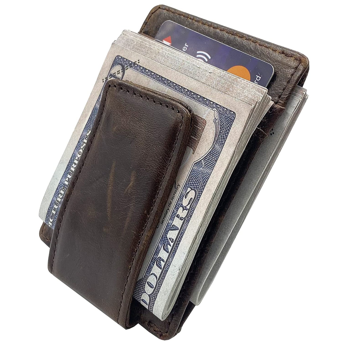 HOPSOOKEN Money Clip RFID Front Pocket Wallet Men Leather Slim Minimalist Wallet (Deep Coffee)