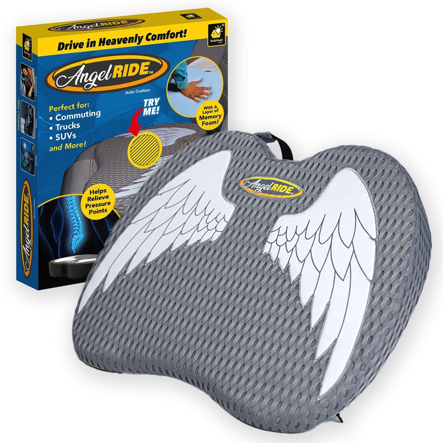Angel Ride Auto Cushion with Memory Foam, AS SEEN ON FOX NEWS, Advanced Lumbar Helps Relieve Pressure Points, Molds to Any Body, Drive in Heavenly Comfort in Any Vehicle, Breathable, Washable Cover