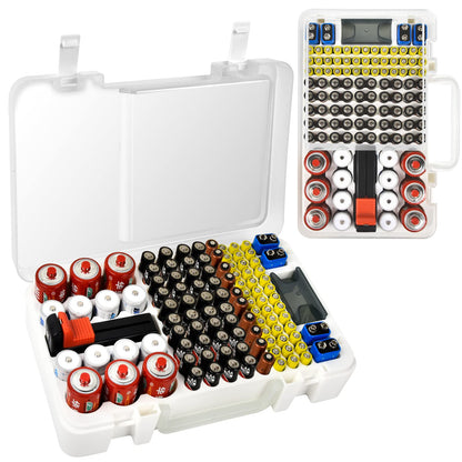 Battery Organizer Storage Case with Tester Checker. Batteries Holder Box Container for 120+ AA AAA 9V C D Lithium CR2025 CR1632 CR2032 Coin Cell Battery with Wall-Mounted Design -Transparency