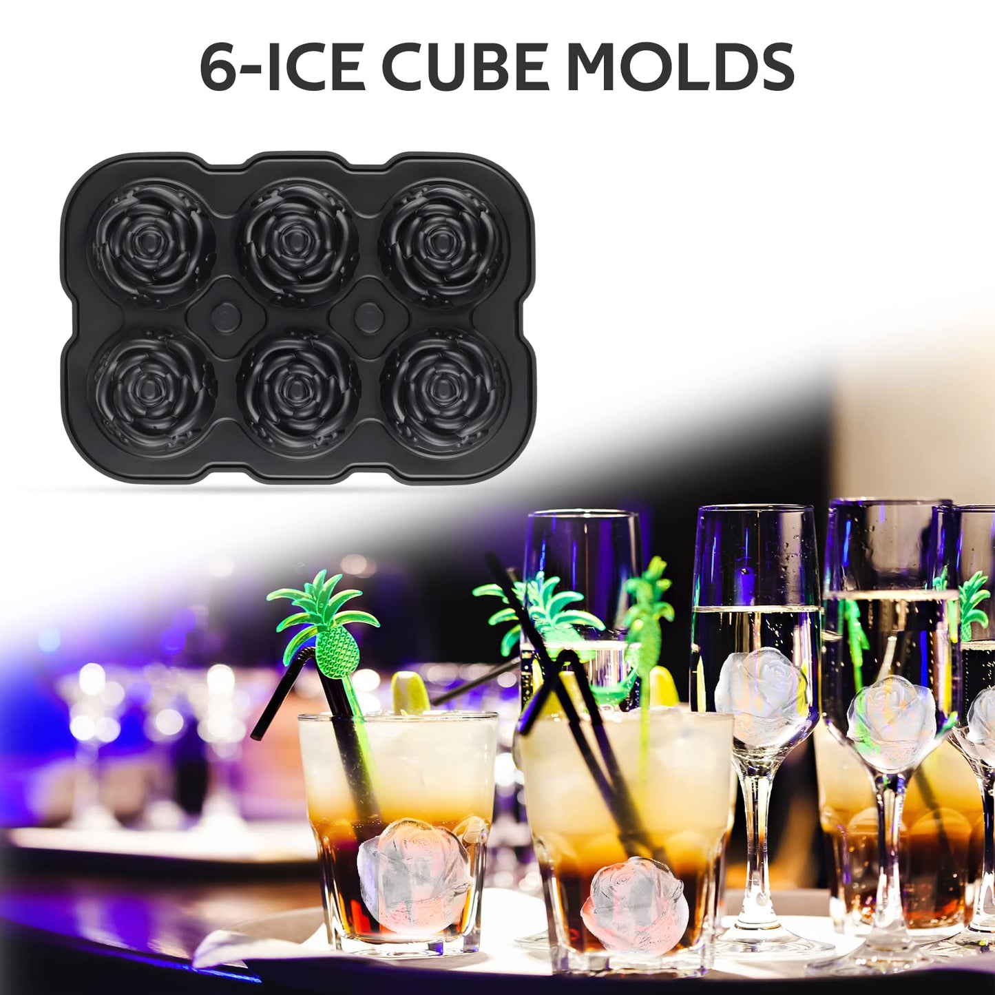 Ice Cube Tray, Mikiwon 2 inch Rose Ice Cube Trays With Covers, 6 Cavity Silicone Rose Ice Ball Maker, Easy Release Large Ice Cube Form for Chilled Cocktails, Whiskey, Bourbon & Homemade Juice Black