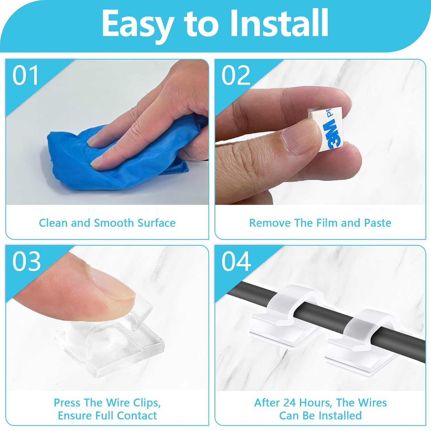 Abnii 100PCS Cable Clips, Adhesive Wire Clips Organizer Cord Clips Management, Cable Staples Outdoor Strong for Wall, Desk, Christmas Lights, String Lights, TV PC Ethernet Cable, Clear Small