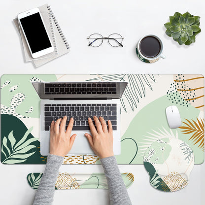 Britimes Keyboard Mouse Pad Set 4in1 Large Mousepad+Keyboard Wrist Rest+Mouse Wrist Rest+Coaster Set with Ergonomic Design for Home Office Computer 35.4x15.7Inches (Green Boho Leaves)