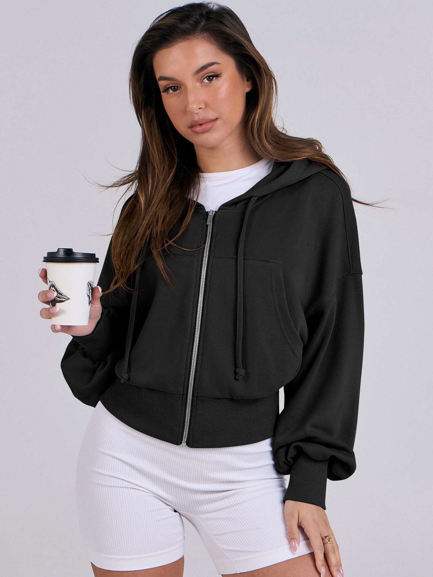 ANRABESS Women's Zip Up Hoodies Cropped Sweatshirts Casual Zip Jackets 2025 Fashion Trendy Fall Outfits Black Large