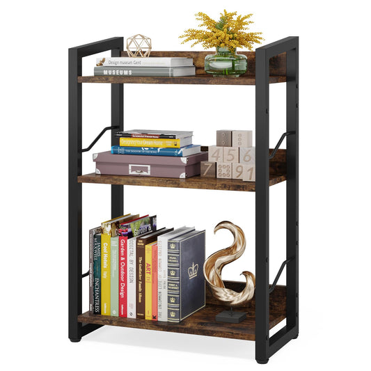 Hosfais Book Shelf Small Bookshelf: 3-Tier Wood Bookcase Industrial Bookshelf with Edge Protection Metal Narrow Bookcase Storage Organizer Display Rack for Bedroom Home Office (Rustic Brown)