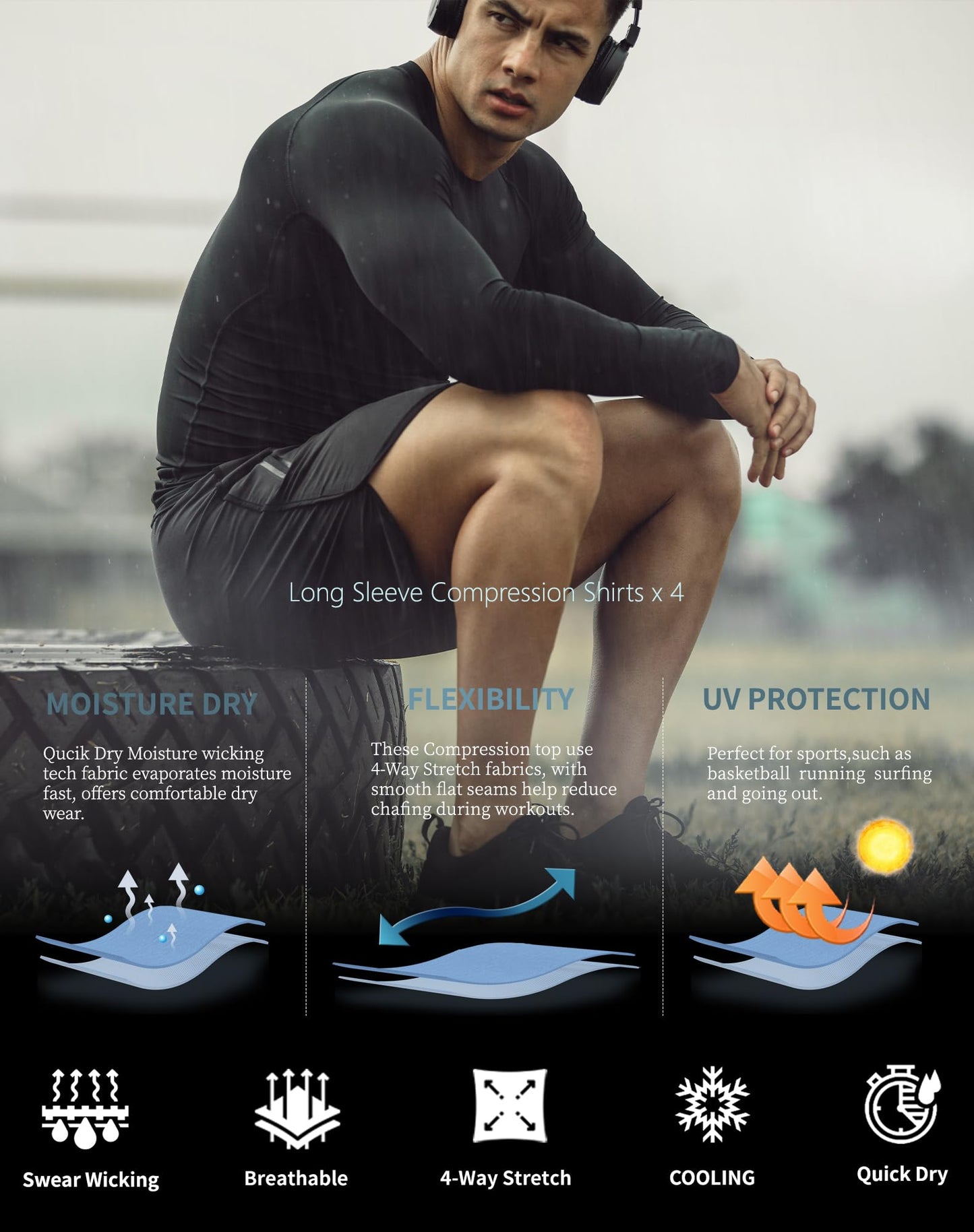 4 Pack Compression Shirts for Men Long Sleeve Athletic Cold Weather Base Layer Undershirt Gear T Shirt for Workout 2XL