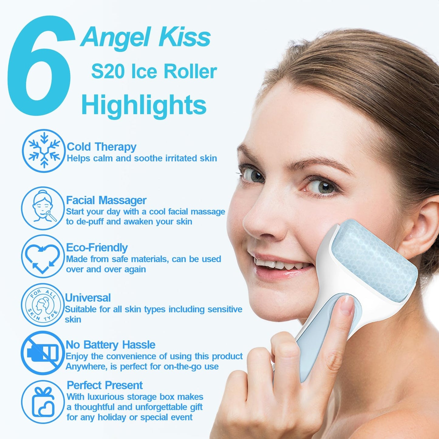 Angel Kiss Ice Roller for Face and Eye - Reduce Puffiness, Migraine, Pain and Minor Injury Relief, Ice Facial Roller Massager Cold Therapy, Self Care Product, Recommended by Esthetician w/Storage Case