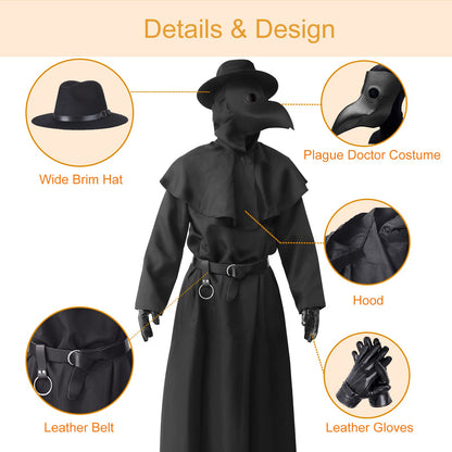 ATTBEA Halloween Costume Compatible for Plague Doctors with Bird Beak Mask, Black Cloak Robe with Hood, Medieval Monk Cosplay for Men priest Adults