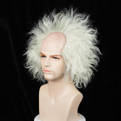 Wiggy Mermaid Unisex Silver Light Green Bald Wig Men, Short Wavy Old Man Wig Fluffy Crazy Funny Wigs + Cap for Movie Halloween Costume Party Cosplay
