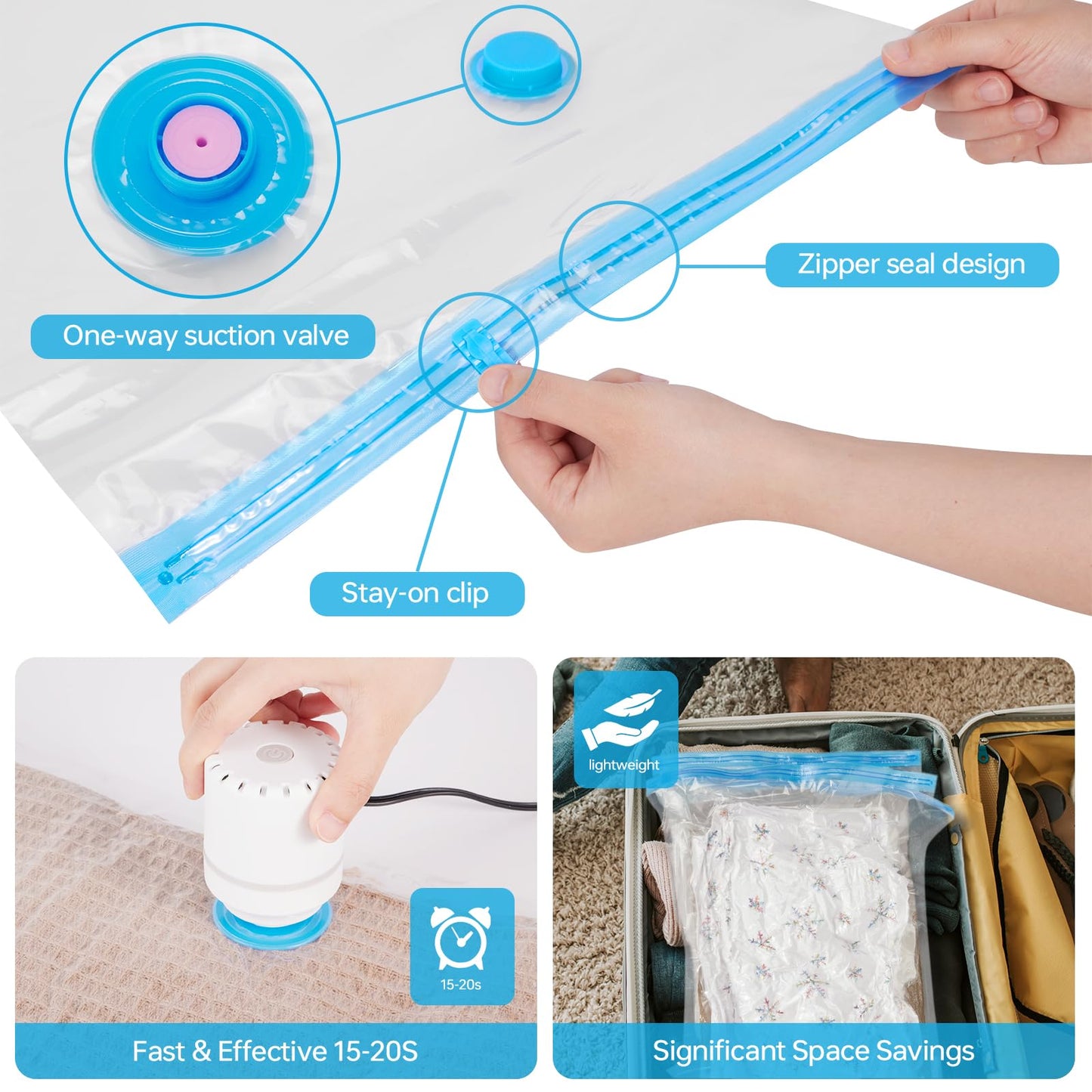 AKLL7S Vacuum Storage Bags with Electric Pump, 12 Pack Space Saver Bags(3 Jumbo/3 Large/3 Medium/3 Small) Vacuum Seal Bags for Clothing, Comforters, Blankets, Travel(Hand Pump Included)