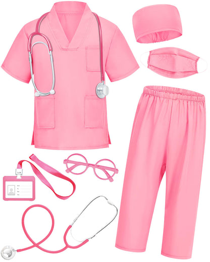 ICECUTE Doctor Scrubs for Kids,7 Pcs Scrubs Costume with Accessories,Halloween Costume for Boy Girls,3-11 Years (Pink, 10-11Years)