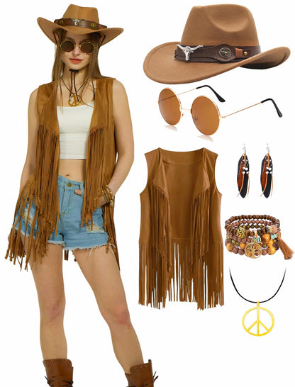 6 PC Cowgirl Western Outfits for Women Retro Cowgirl Costumes Fringe Vest Cow Girl Hat for Women Country 70s Hippie Outits (Brown, S)