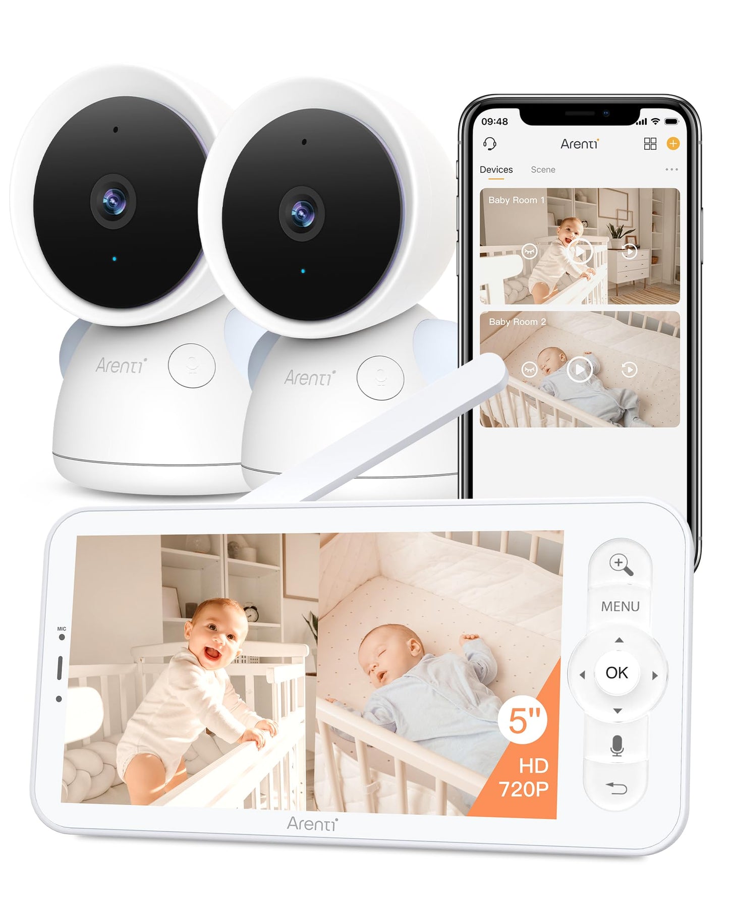 ARENTI 3MP Baby Monitor with 2 Cameras, 5-inch Split Screen Display, WiFi 6 Smartphone App, Night Vision, Cry Detection, Temp & Humidity Sensor, 2-Way Audio (D3 Set)