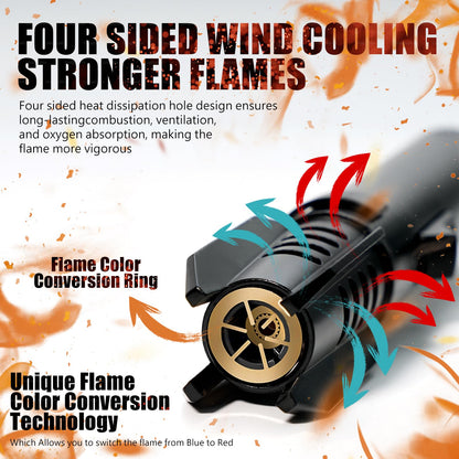 Camping Lighter, Torch Lighter, Straight Flame Bright Fire Refillable Windproof Adjustable Color with Safety Lock for Campfires Kitchen Hiking Candles Fireplace BBQ Outdoor Essentials (Black)