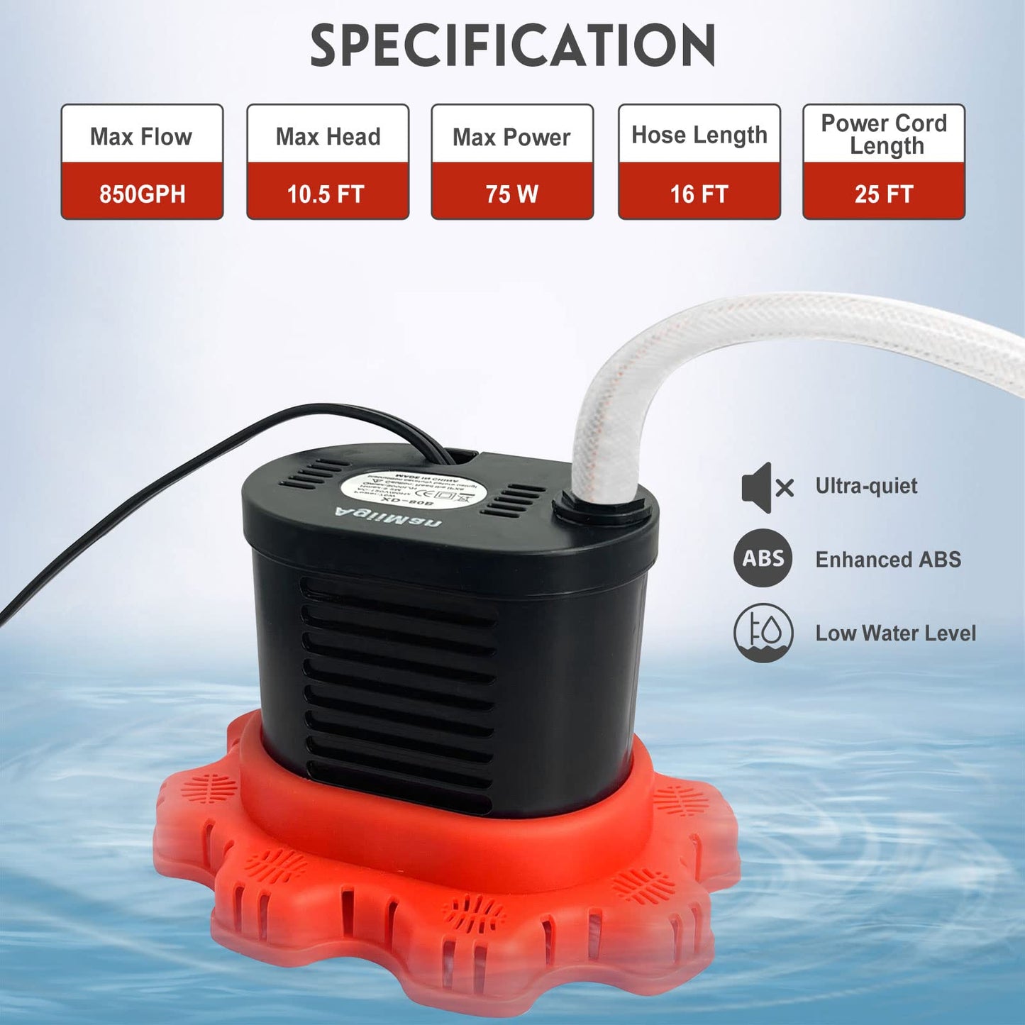 AgiiMan Pool Cover Pump Above Ground - 850 GPH Submersible Water Pump for Pool Draining, Portable Small Sump Pumps with 16' Drainage Hose and 25' Power Cord, 3 Adapters, Black