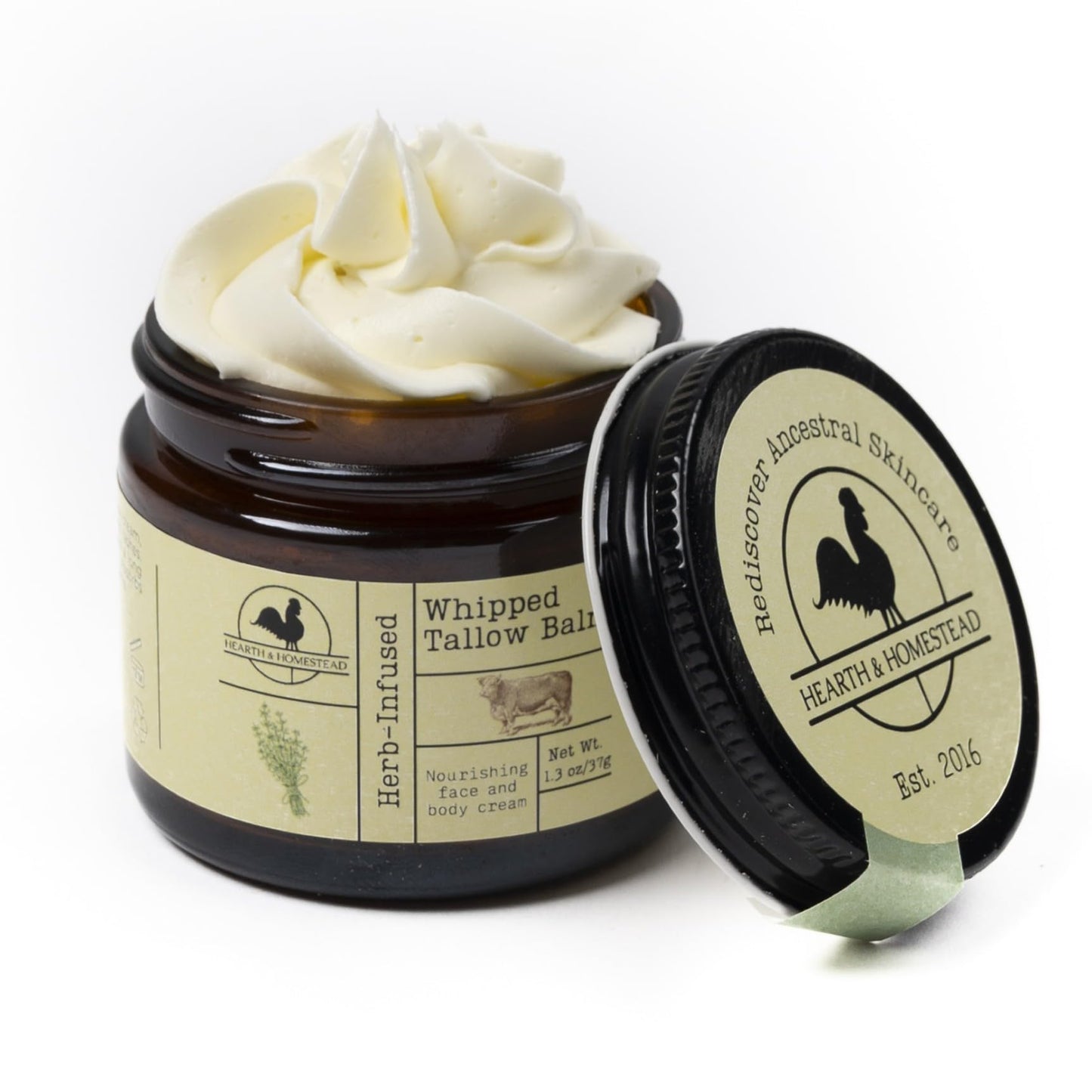 Hearth and Homestead: Handmade Whipped Tallow Balm (Unscented/Herb-Infused) - Organic Body Butter with Infused Olive Oil, for Eczema, Rosacea, Baby - 1.3 oz
